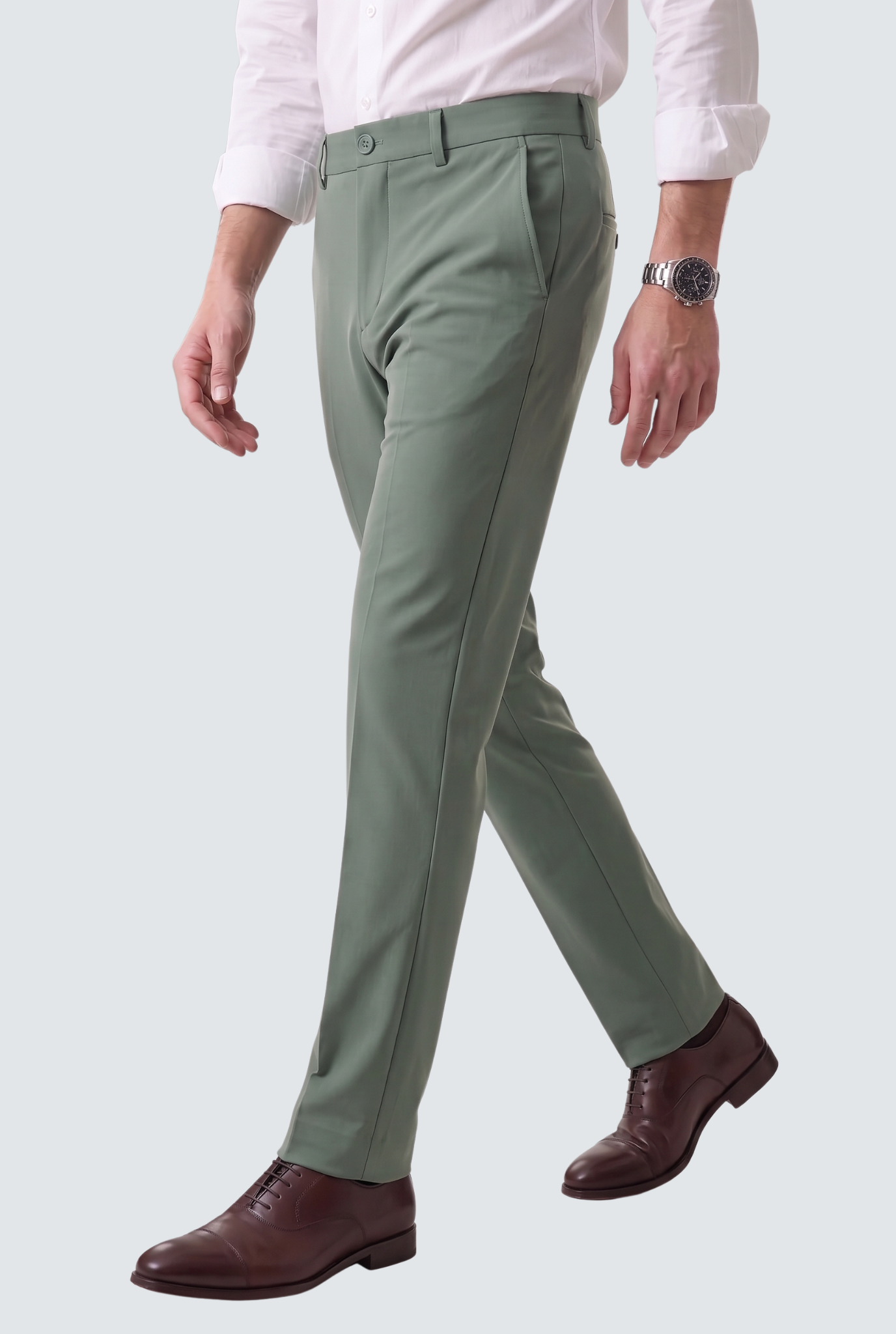 Men's olive green slim-fit regular trousers, front crease, tapered legs, slant pockets