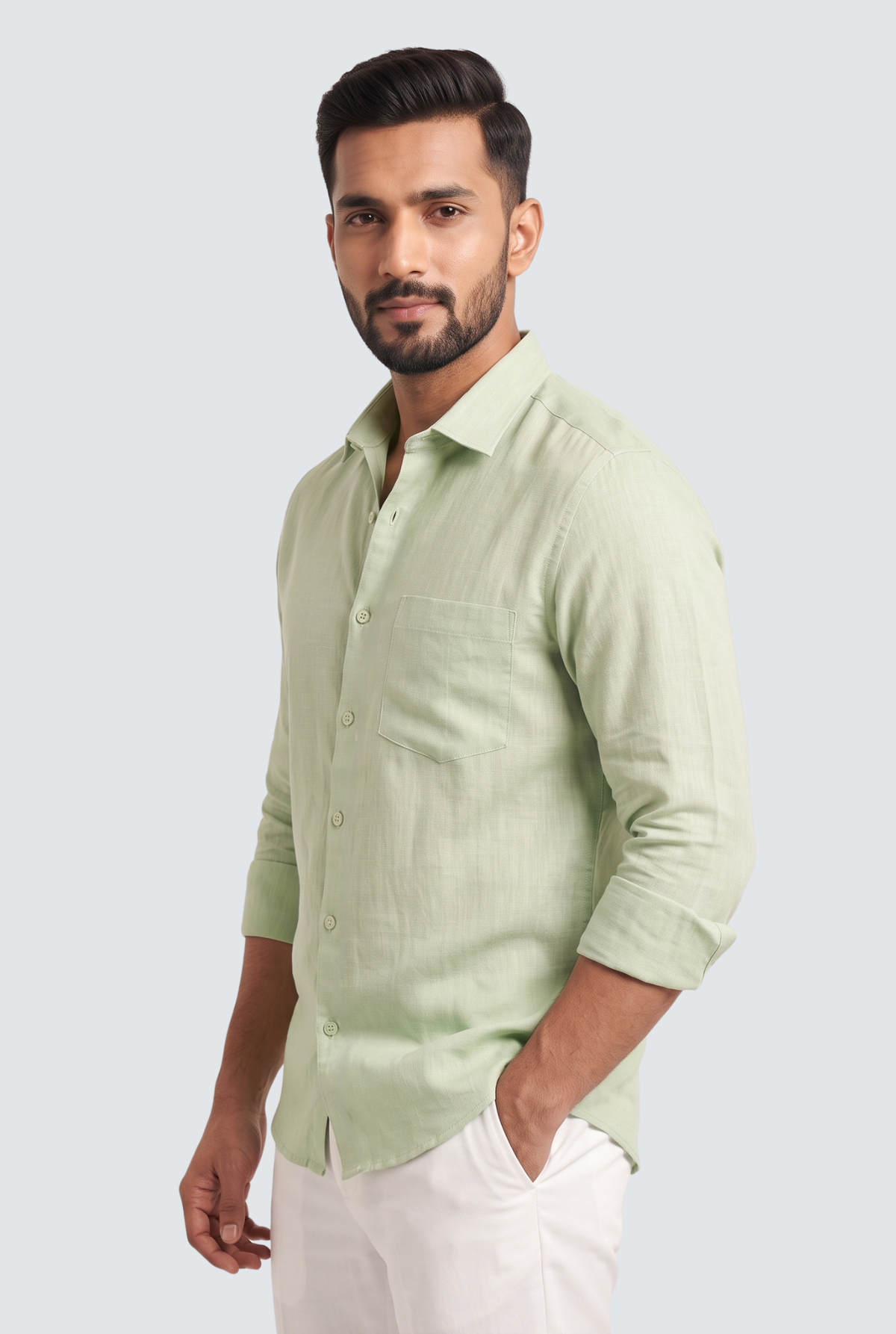 Light green linen button-up shirt, side view, long sleeves and collar
