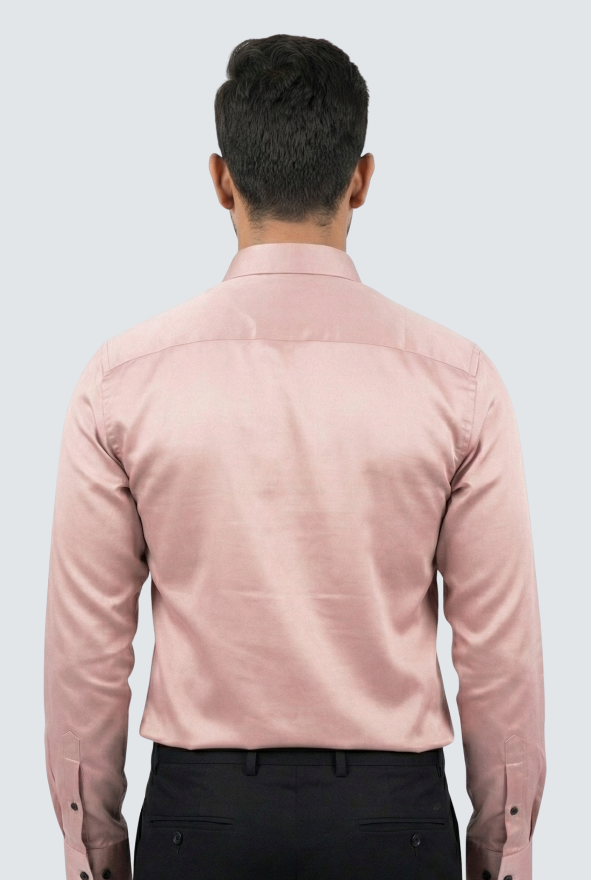 Men's satin pink dress shirt, back view, long sleeves and button placket