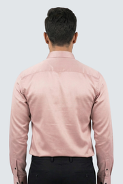 Men's satin pink dress shirt, back view, long sleeves and button placket