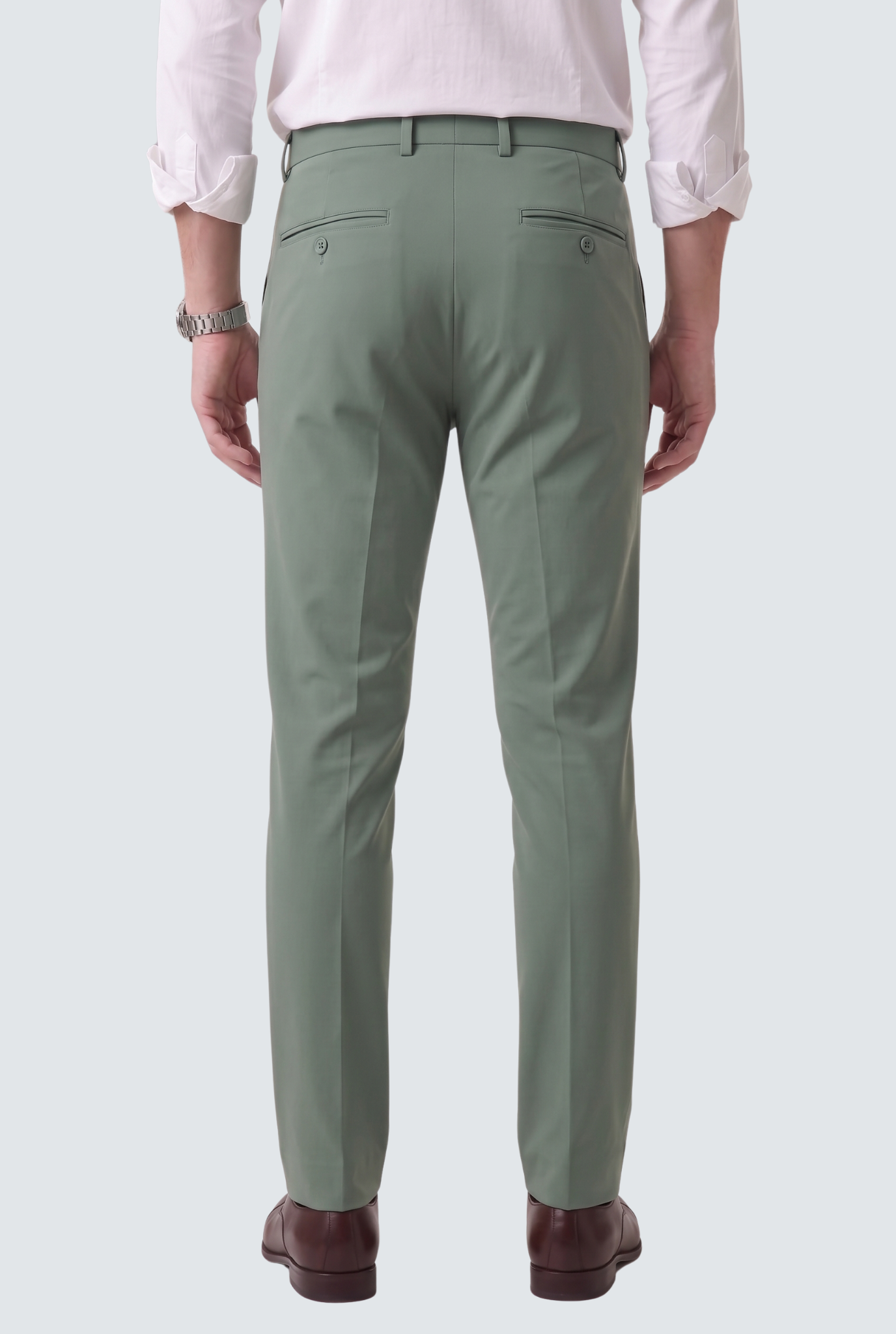 Men's olive green slim-fit regular trousers, back view with belt loops and center crease