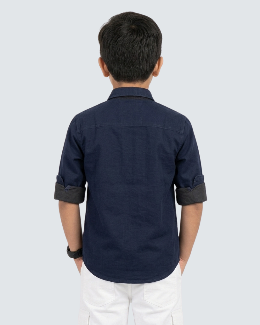 Boys' dark blue cotton shirt back view with rolled sleeves