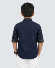 Boys' dark blue cotton shirt back view with rolled sleeves