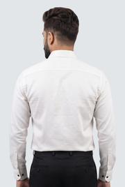 Men's white long-sleeve shirt back view with button placket