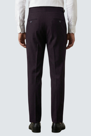 Men's purple trousers back view with two buttoned pockets and belt loops