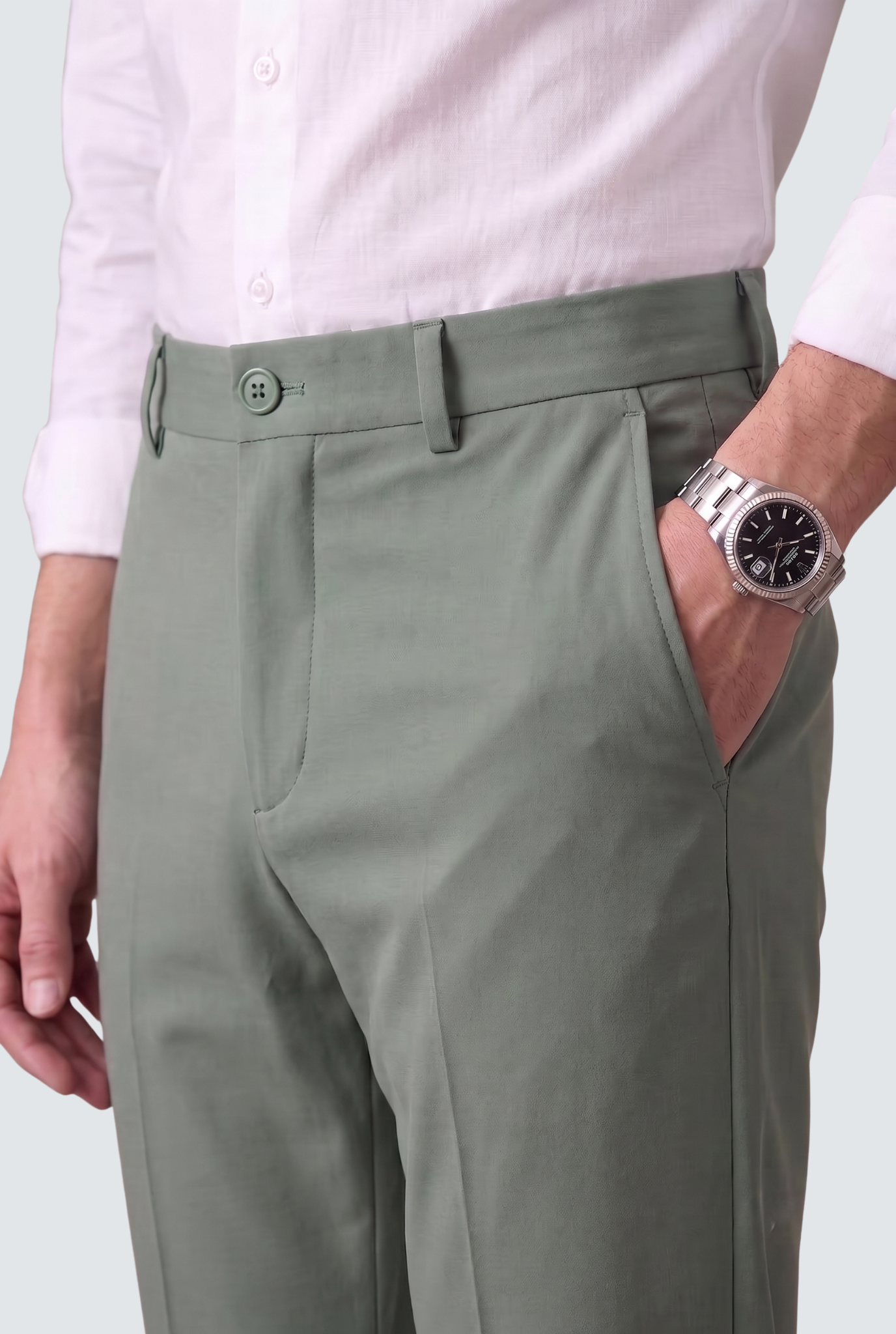 Men's olive green slim-fit regular trousers with button waistband and side pockets
