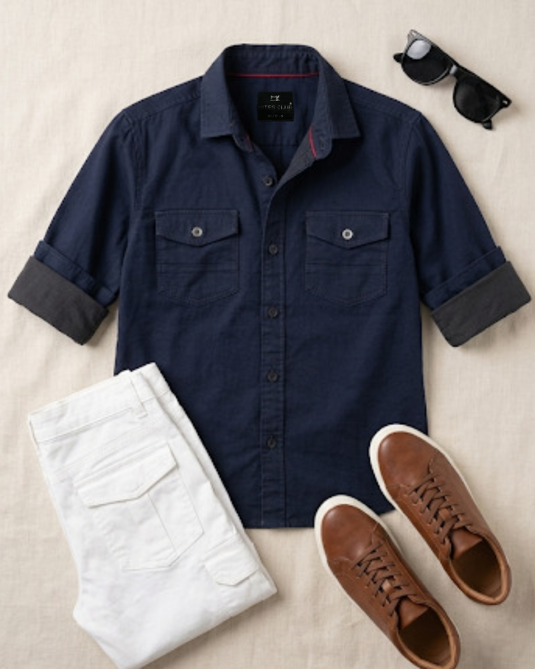 Navy cotton button-up shirt with two chest pockets