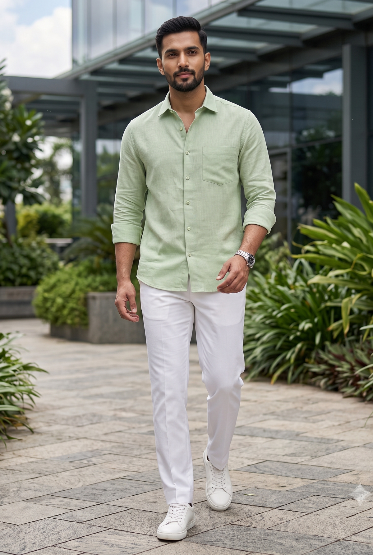 Light green linen button-up shirt front view with chest pocket and long sleeves