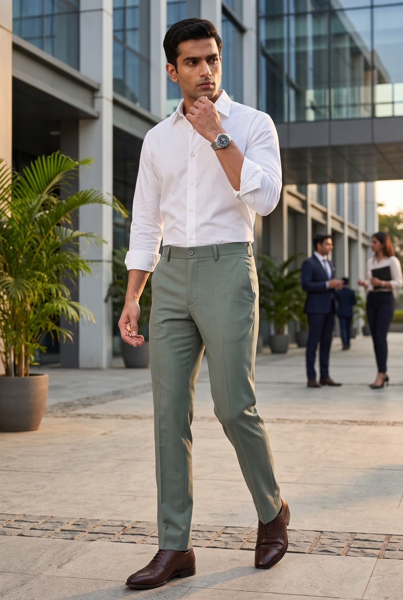 Men's olive green slim-fit regular trousers on model, tapered fit and belt loops