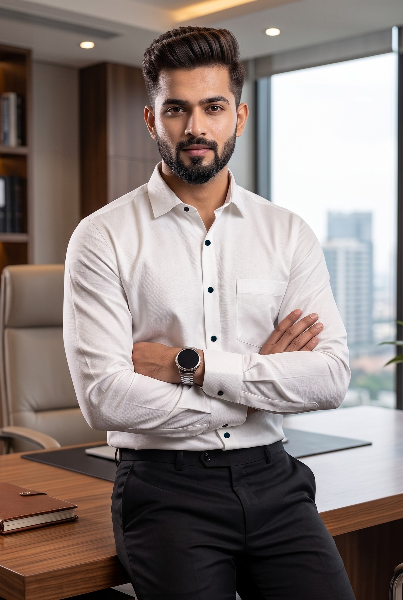 Men's white long-sleeve button-front satin-cotton shirt with chest pocket