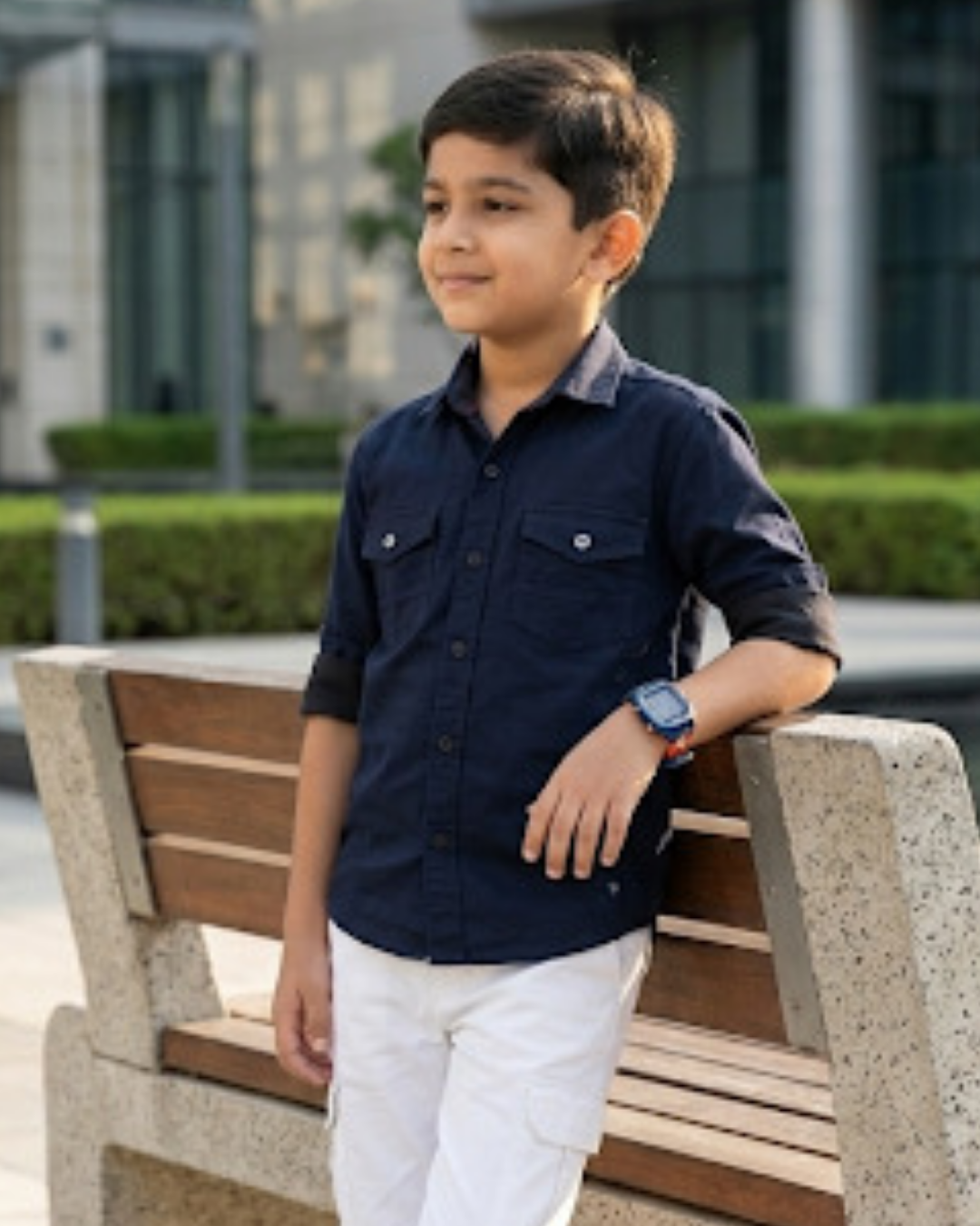 Boys' dark blue cotton button-up shirt with chest pockets