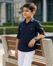 Boys' dark blue cotton button-up shirt with chest pockets