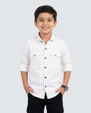 Boys white cotton shirt with button front and two chest flap pockets, 3/4 sleeves