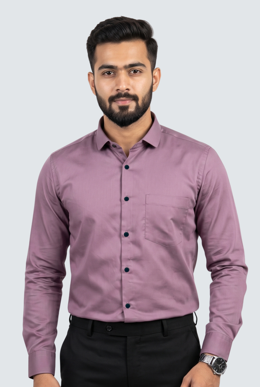 Lavender button-up cotton satin shirt with long sleeves and dark buttons, chest pocket