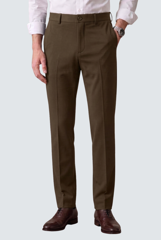 Brown slim-fit regular trousers with button closure and belt loops