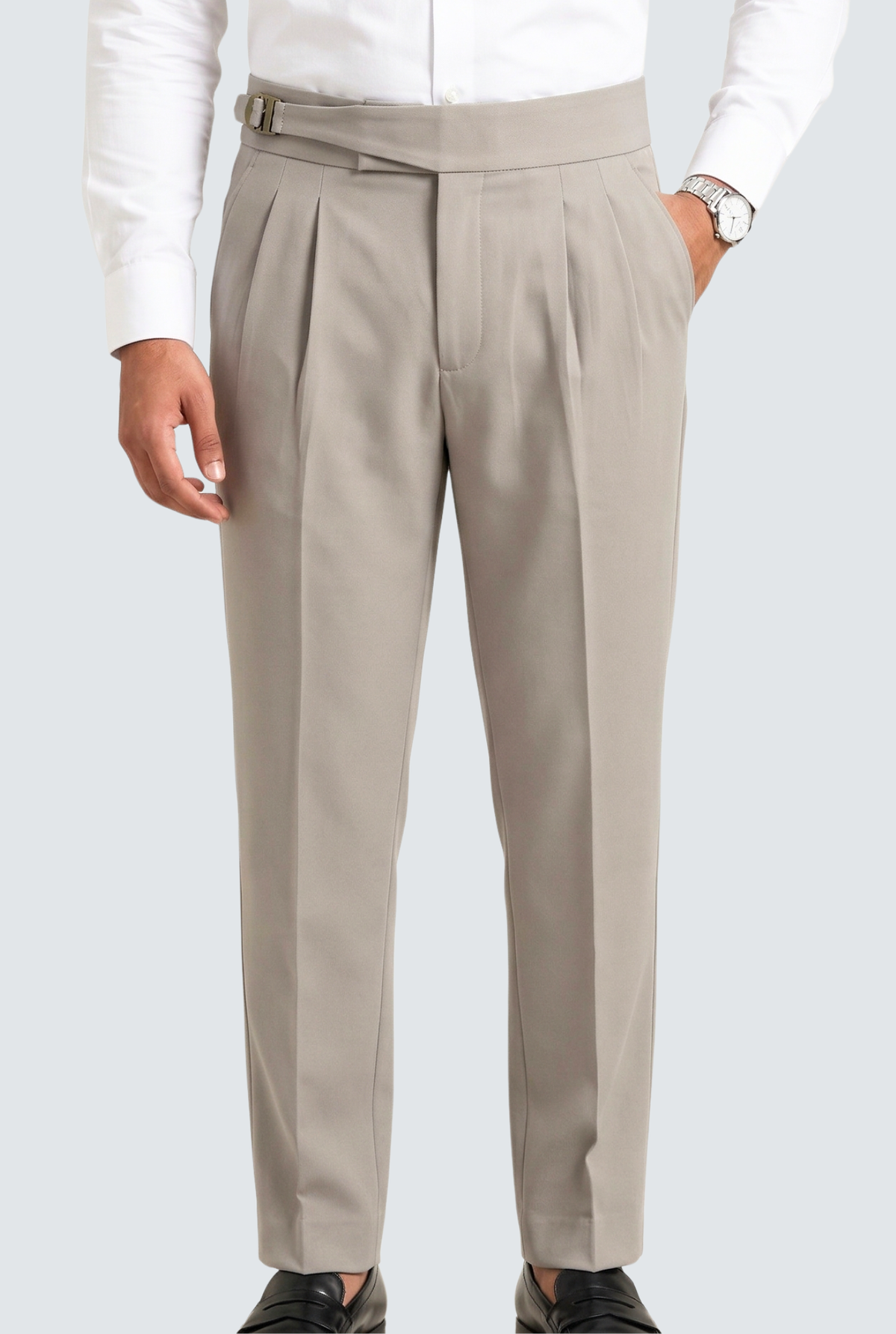 Light grey men's pleated trousers with belt, zip fly and tapered legs