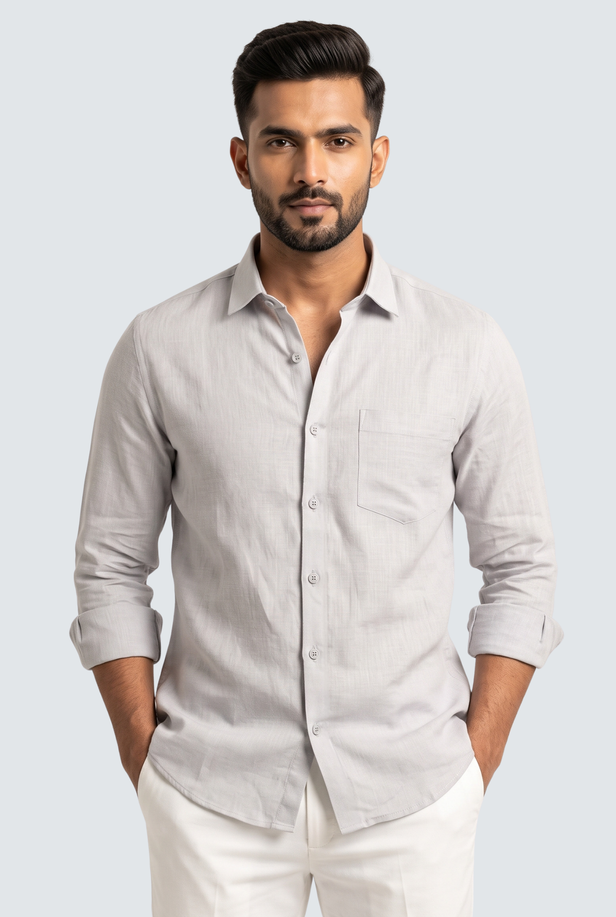 Light gray linen button-up shirt with front pocket and button placket