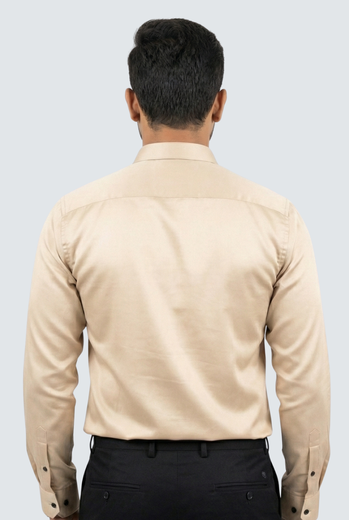 Men's satin cream dress shirt back view, long sleeves and buttoned cuffs