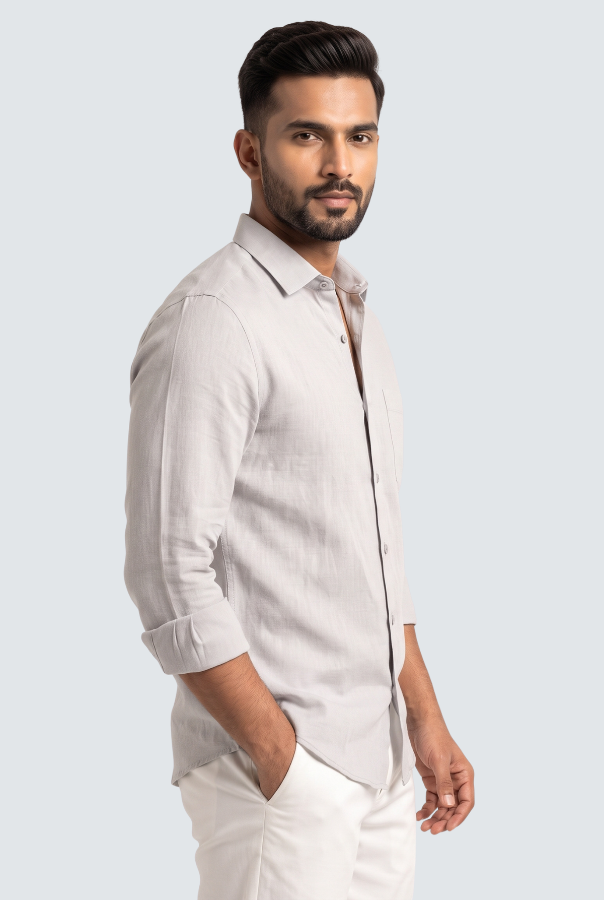 Light gray linen button-up shirt, spread collar, long sleeves