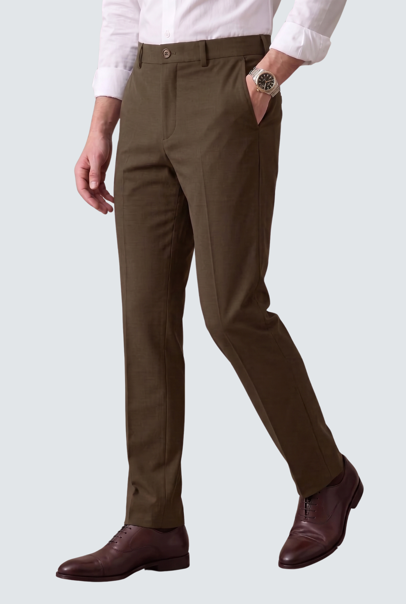 Brown slim-fit regular trousers, side view with front button closure and pockets