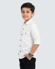 Boys white cotton button-up shirt with two chest pockets, side view, 3/4 sleeves