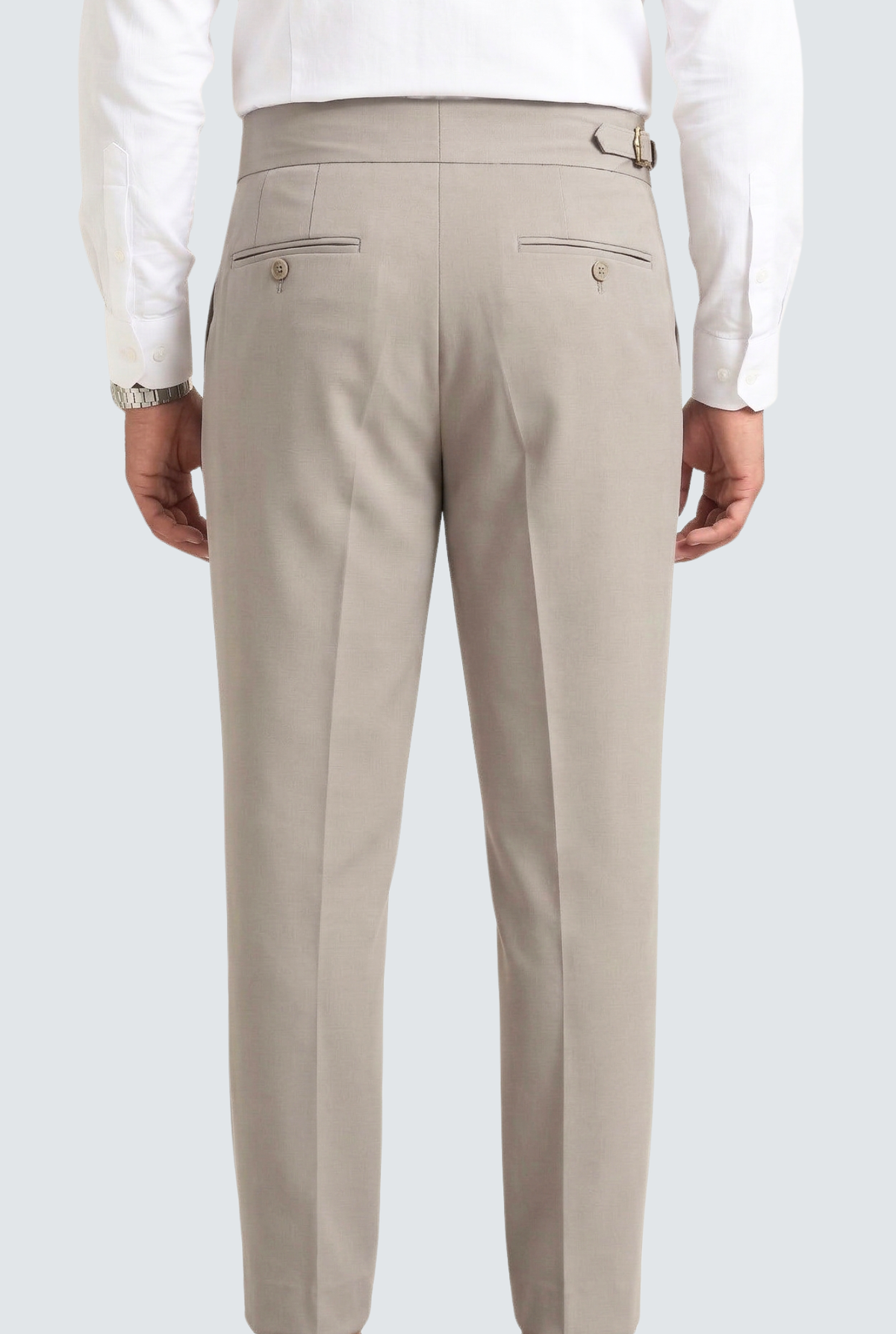 Light grey men's trousers with buttoned front pockets and belt loops