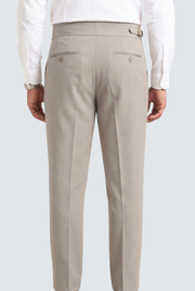 Light grey men's trousers with buttoned front pockets and belt loops