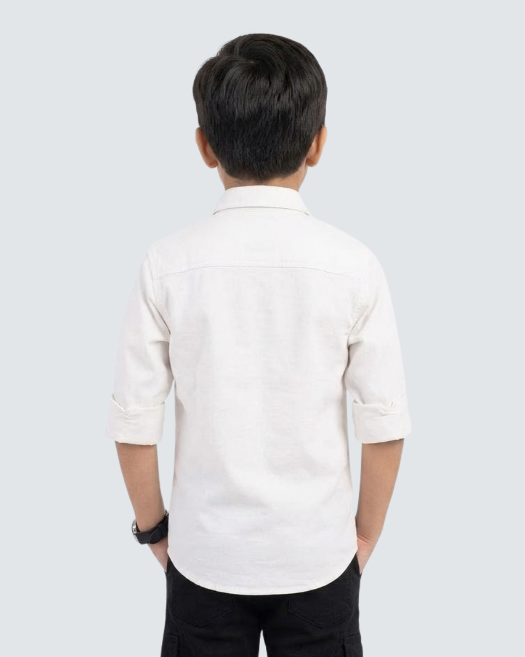 Boys white cotton shirt, back view, button-up with 3/4 sleeves