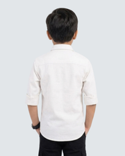 Boys white cotton shirt, back view, button-up with 3/4 sleeves