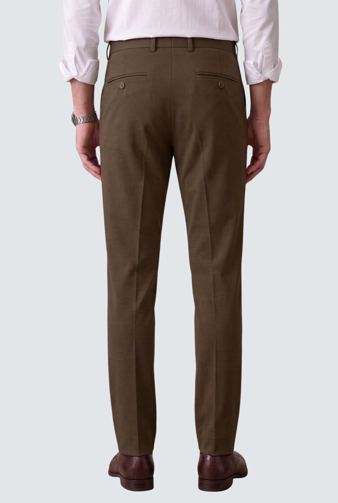 Brown slim-fit regular trousers with back welt pockets and belt loops