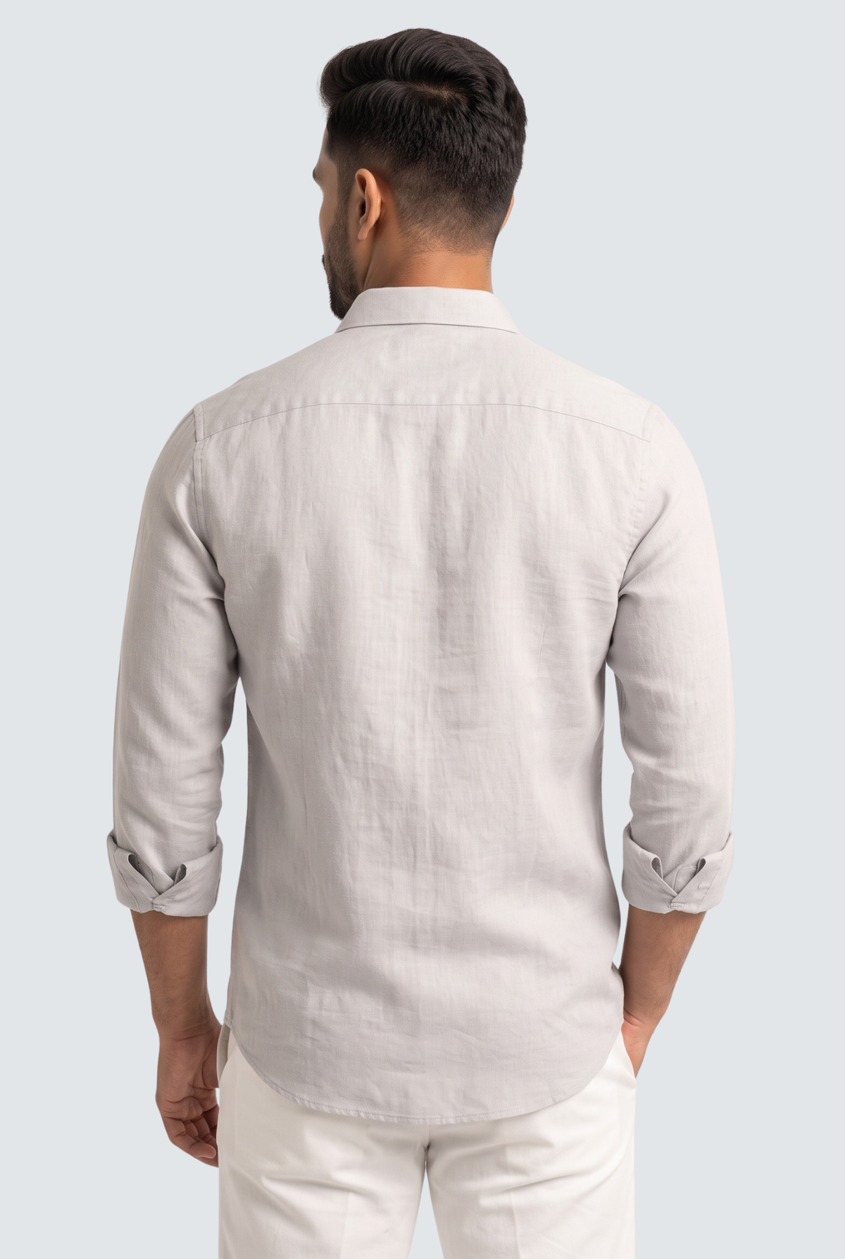 Back view light gray linen button-up shirt with long sleeves and cuffs