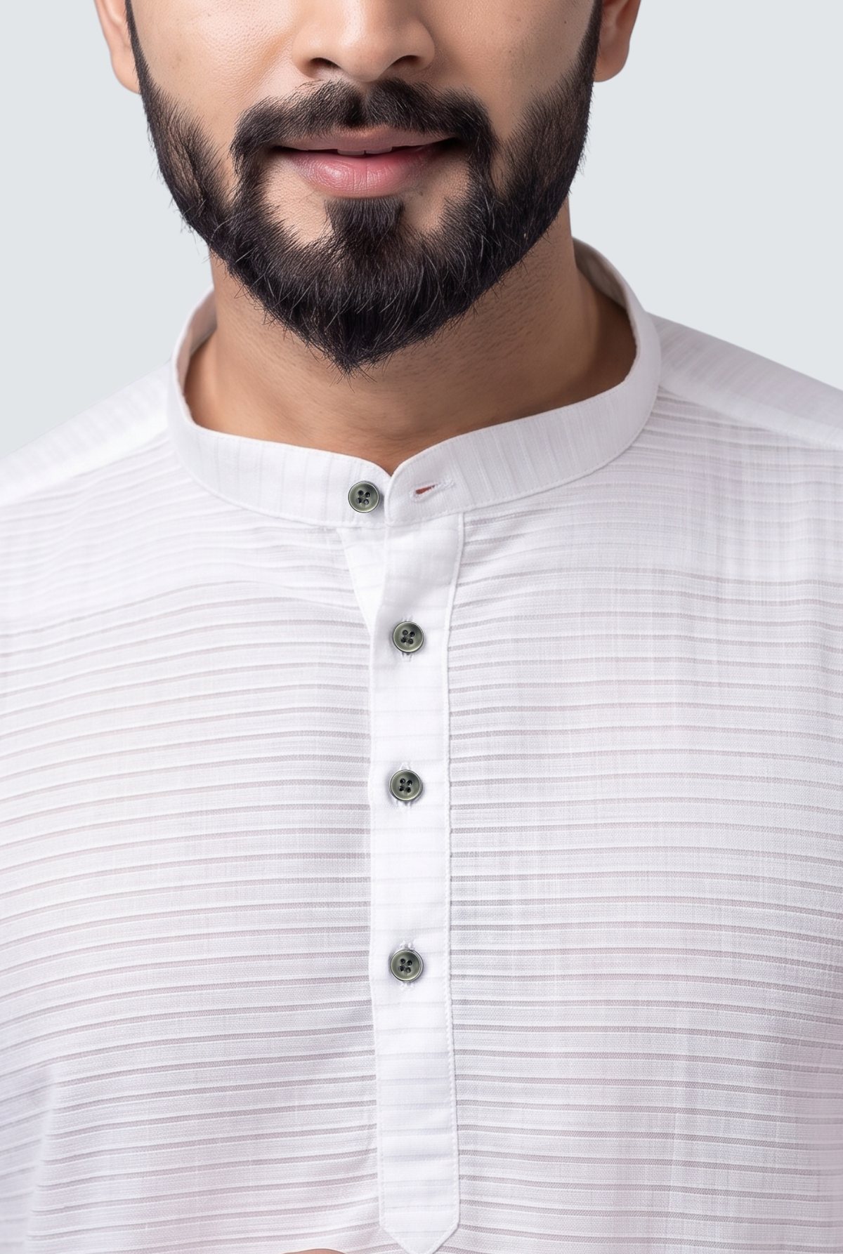 Men's white short kurta neckline with mandarin collar and four button placket