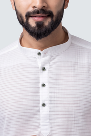 Men's white short kurta neckline with mandarin collar and four button placket