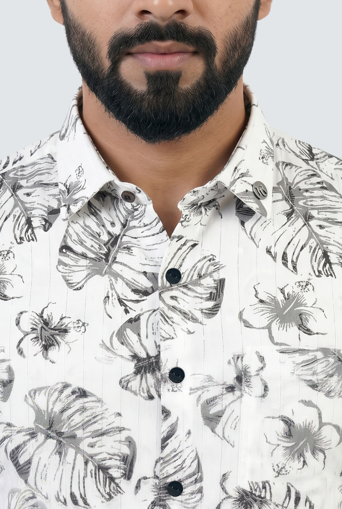 Men’s Leaf Print Dobby Cotton Shirt-White(1883)