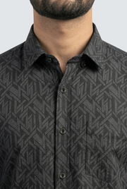 Black dobby cotton shirt with geometric pattern, button-front and spread collar