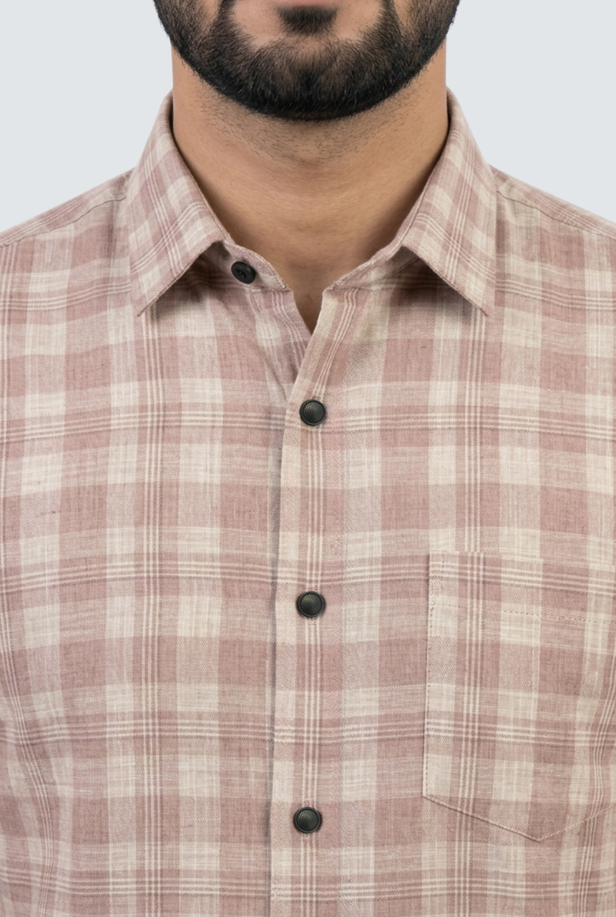 Pink plaid linen shirt front, spread collar and dark button placket