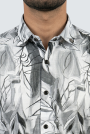 Grey dobby cotton shirt collar with leaf pattern and dark buttons