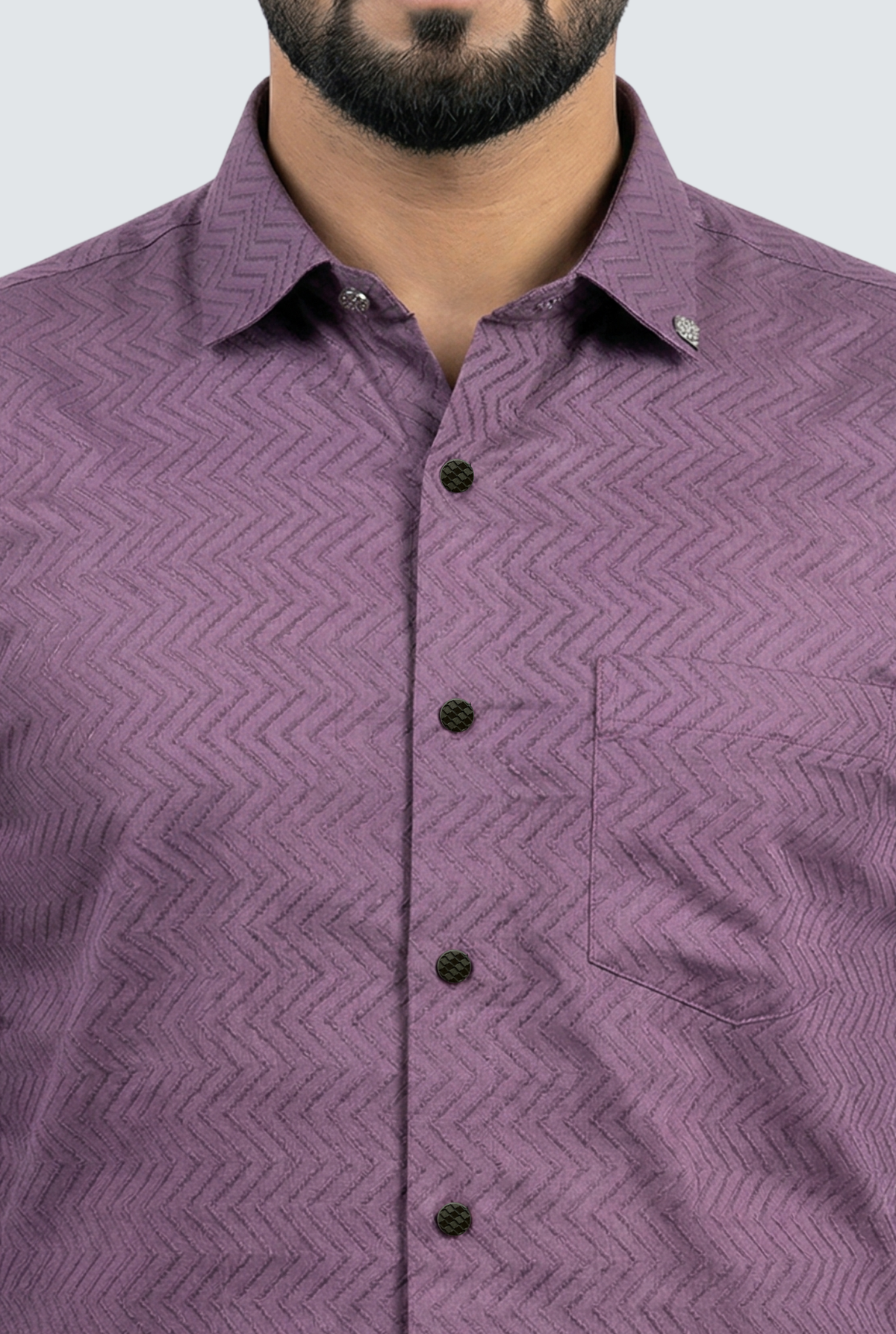 Lavender textured dobby cotton shirt front, button placket and spread collar
