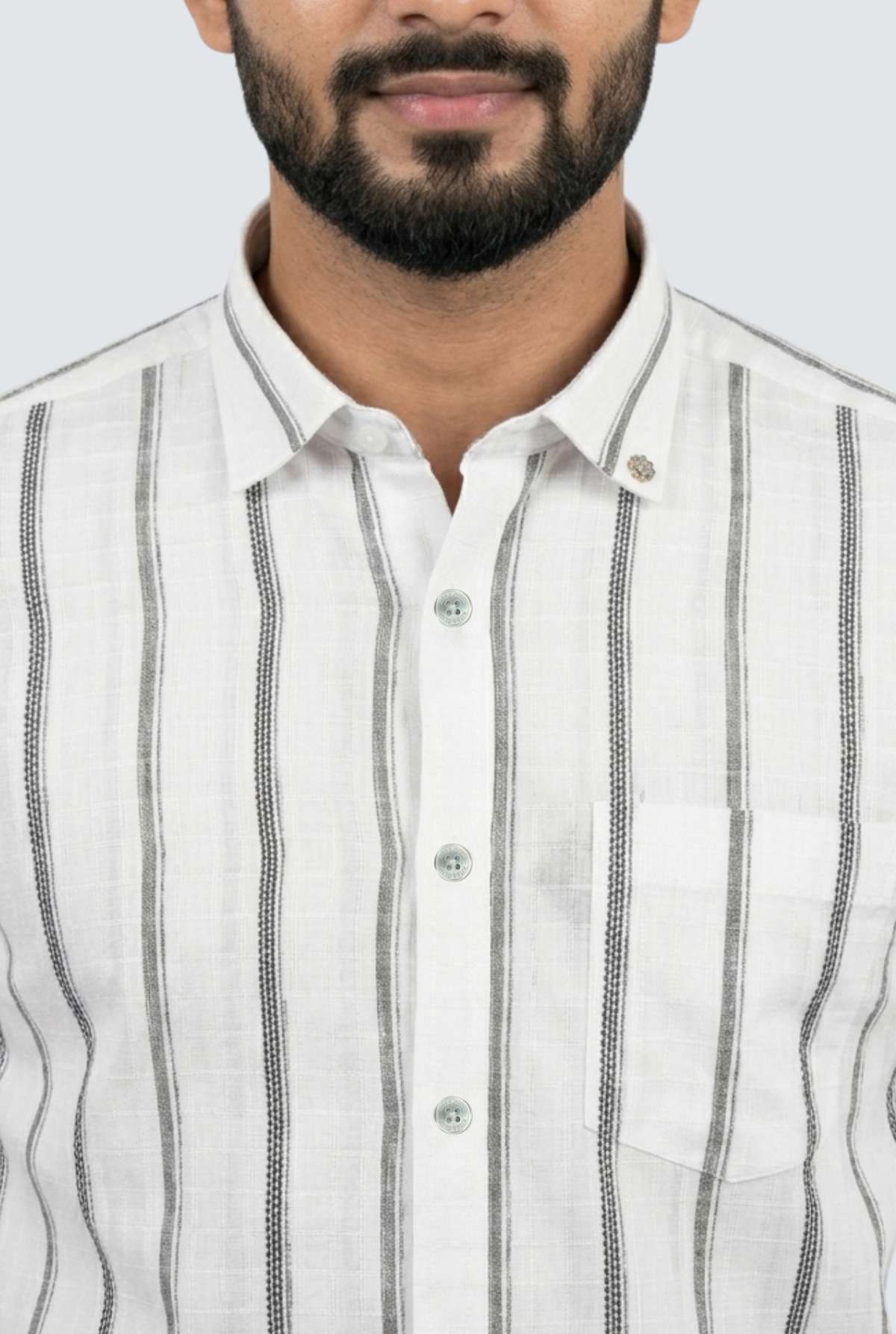 White vertical stripe button-up shirt, close view of collar and button placket