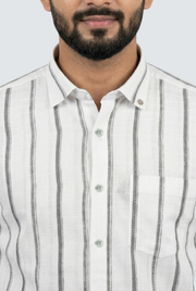 White vertical stripe button-up shirt, close view of collar and button placket