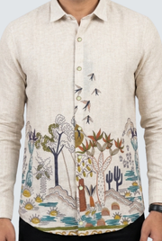 Men's linen button-up shirt with detailed nature artwork on the front panel