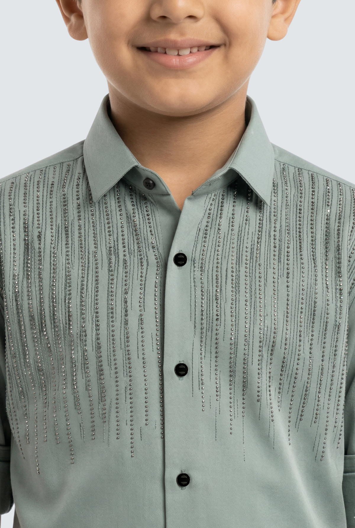 Kids mint green collared shirt with vertical striped texture and black button placket