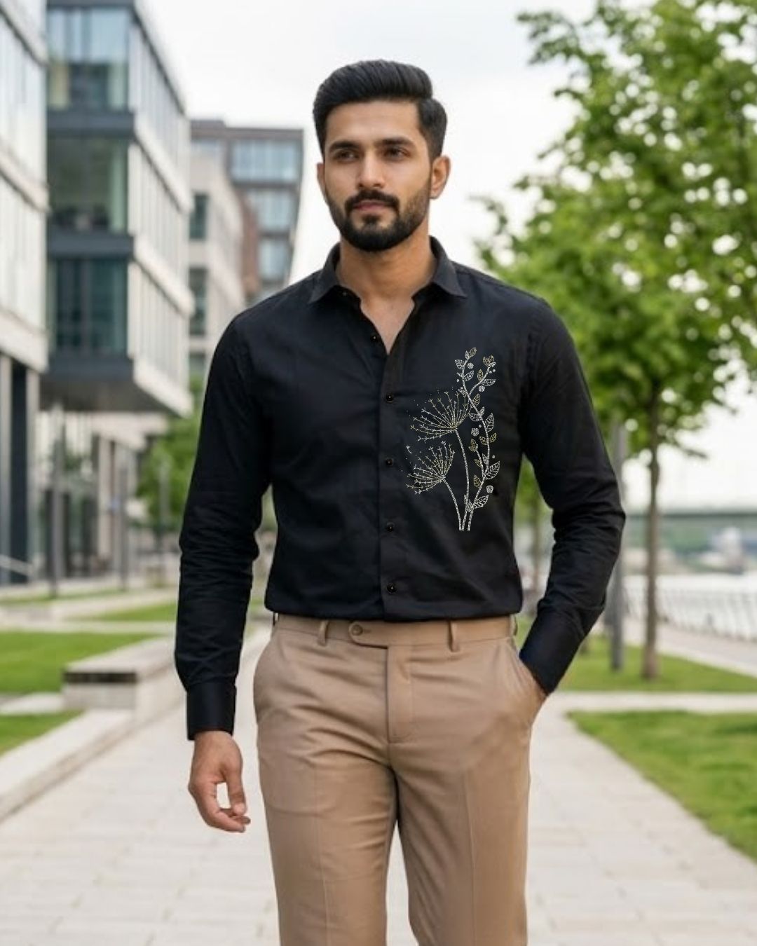 Men's black satin lycra button-up shirt with long sleeves and tree-branch embroidery