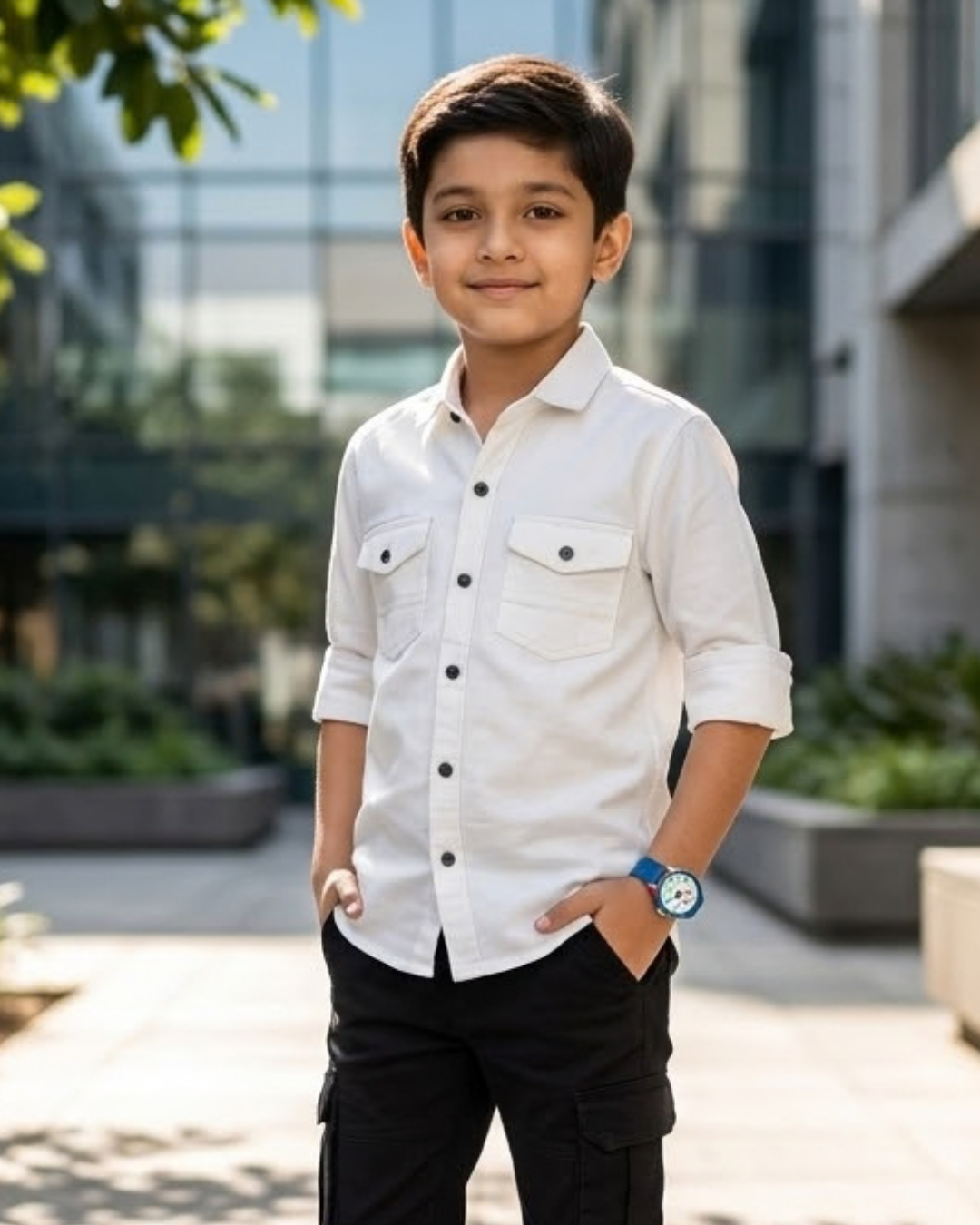Boys white cotton shirt with button front and chest pockets, 3/4 sleeves