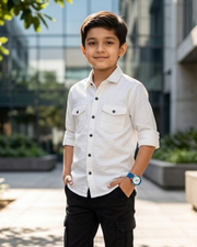 Boys white cotton shirt with button front and chest pockets, 3/4 sleeves