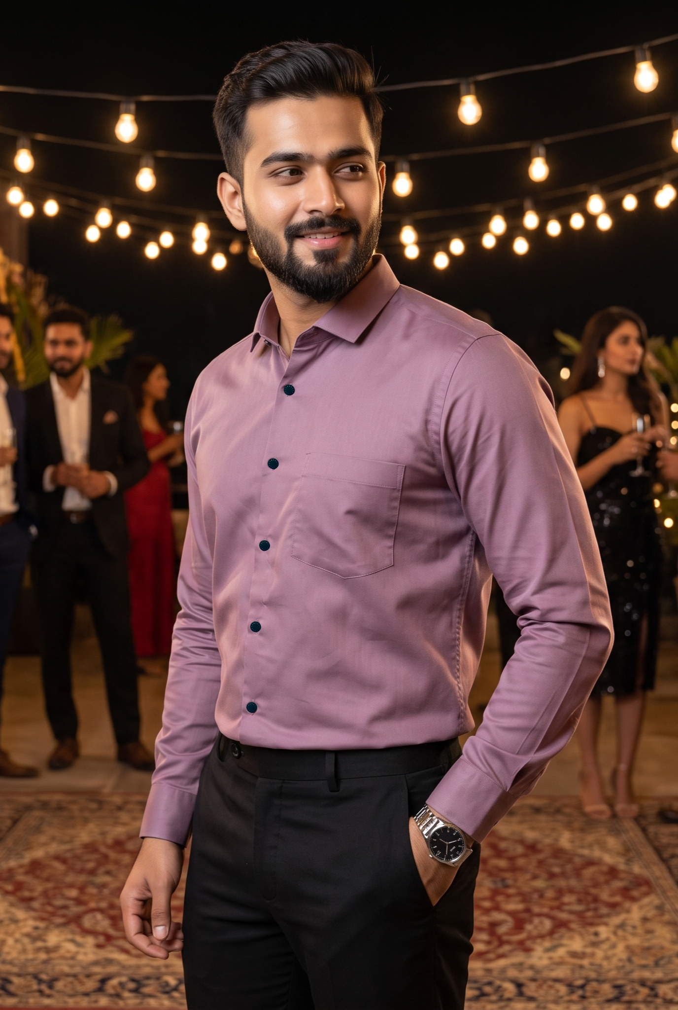 Lavender dress shirt with chest pocket, long sleeves, and dark button placket