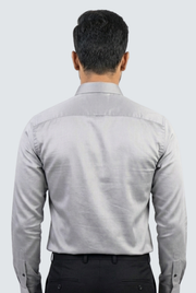 Men's gray satin shirt back view with long sleeves and back yoke