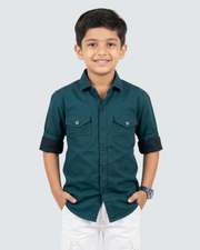 Boys teal cotton short-sleeve button-up shirt with two front chest pockets