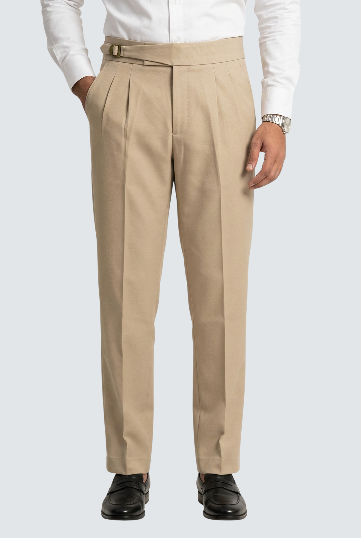 Men's beige trousers with belt loops and front crease, straight-leg fit