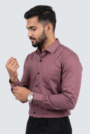 Men's Rust satin cotton lycra shirt, side view with long sleeves and button cuffs